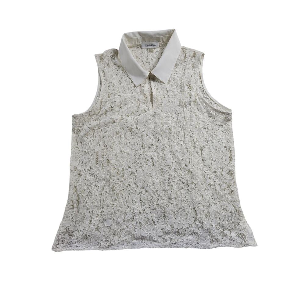 Calvin Klein Sleeveless Lace Blouse Floral Button-Up Collar Ivory White Size S